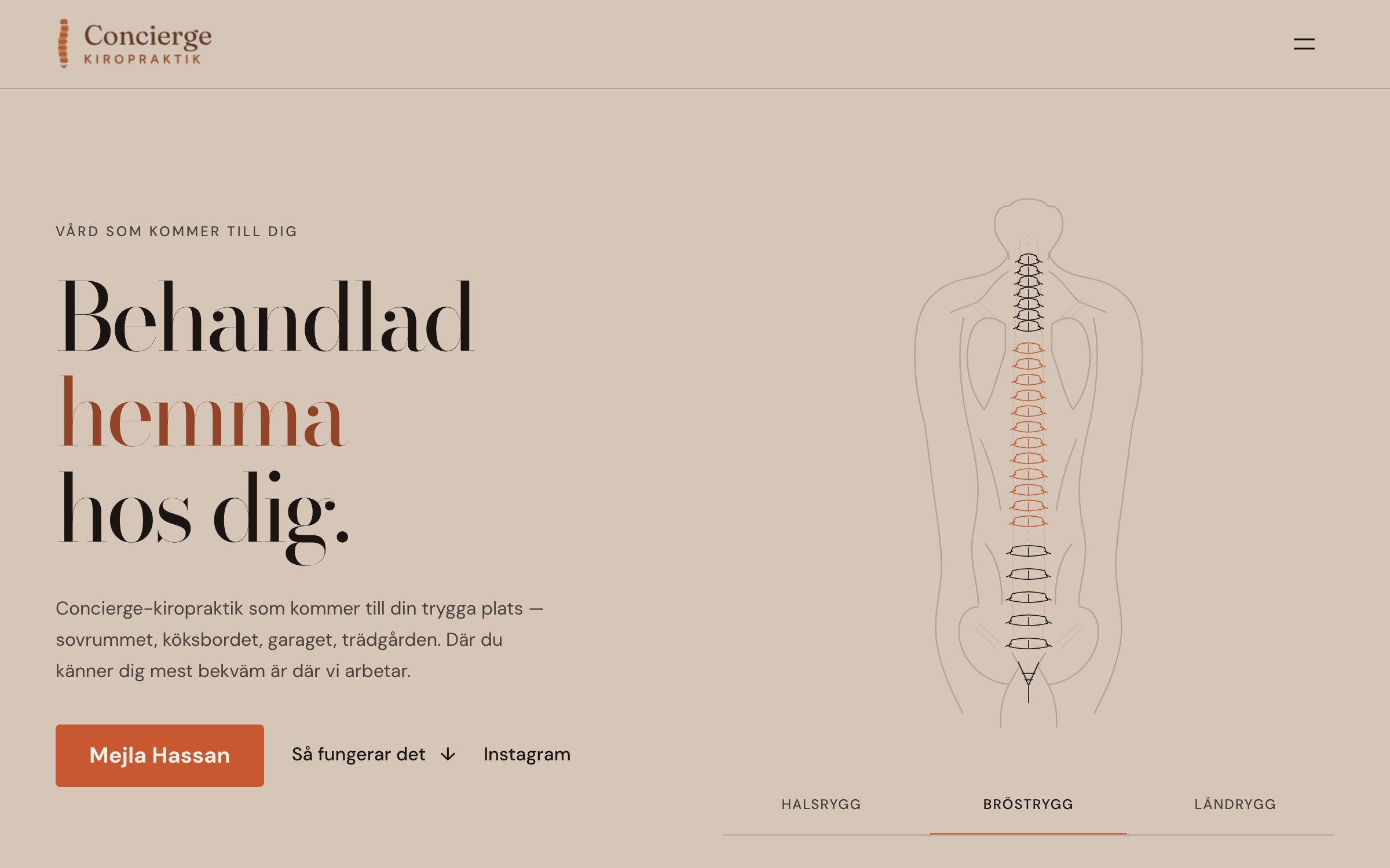 Concierge Kiropraktik homepage with the heading Behandlad hemma hos dig next to an illustrated spine