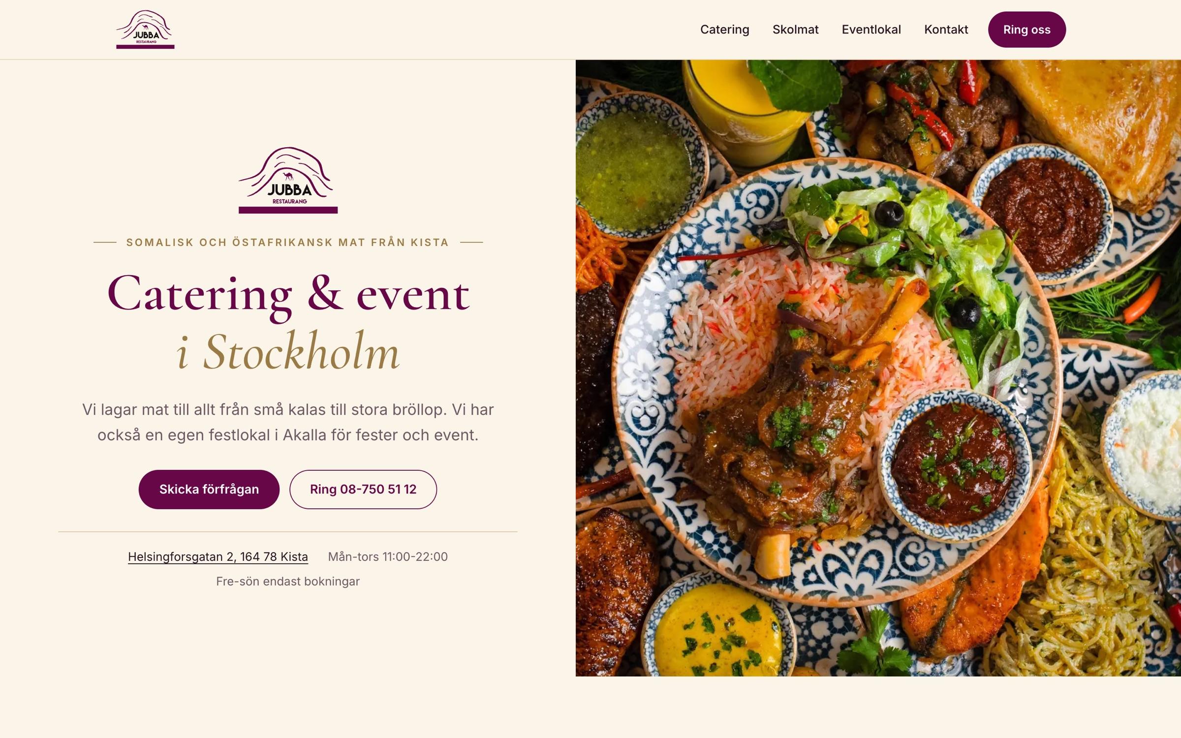 Jubba Restaurang homepage with the heading Catering & event i Stockholm next to a photo of Somali dishes