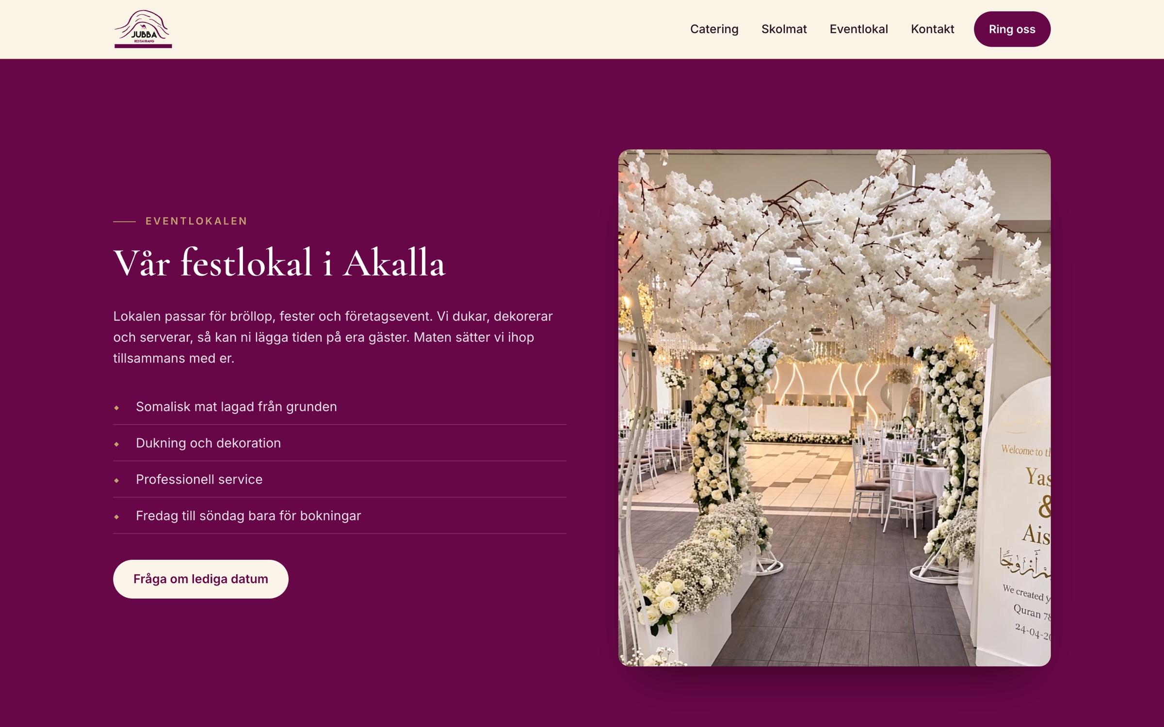 Event venue section in deep plum with a photo of the decorated hall