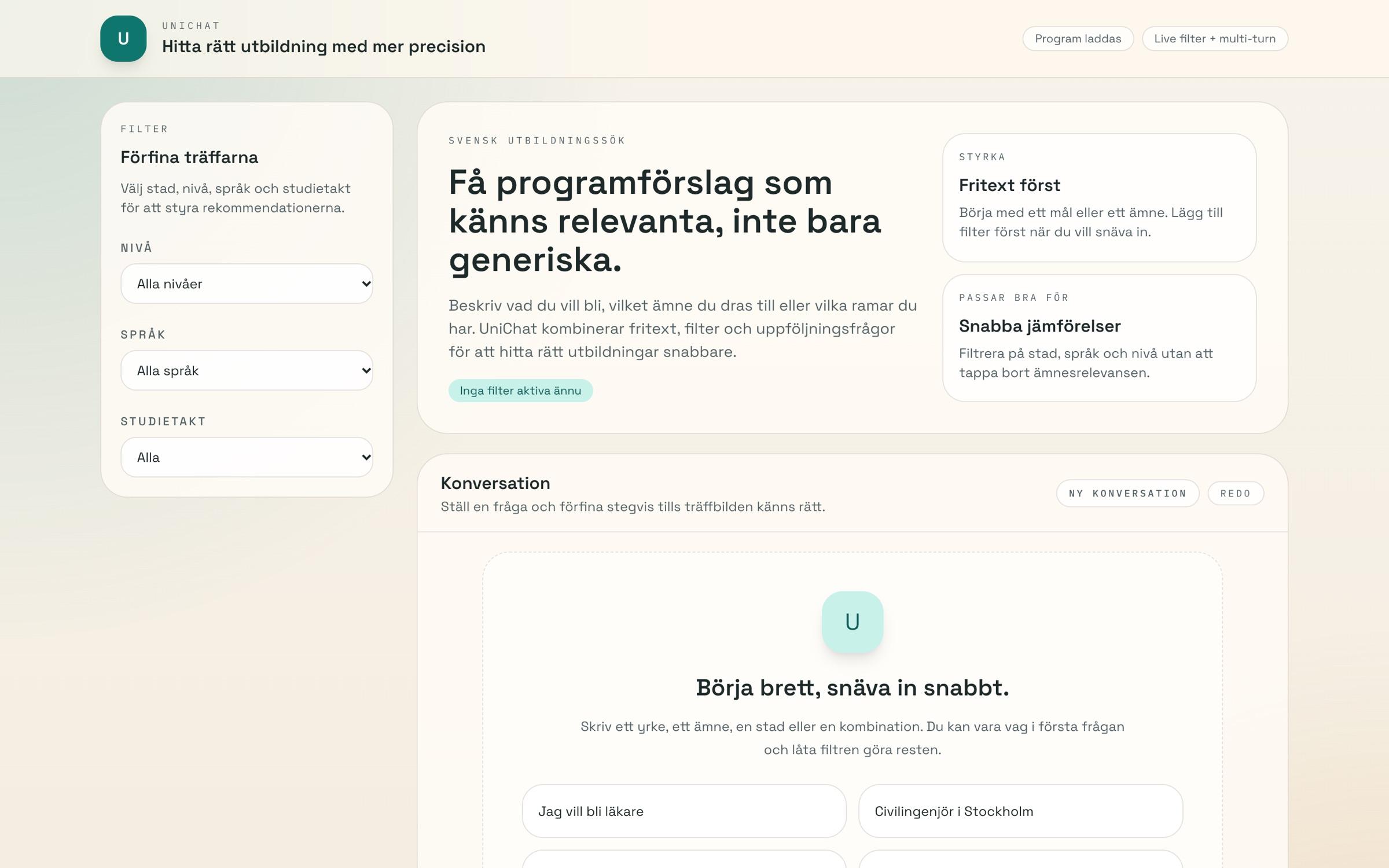 UniChat start page with filters for level, language and study pace next to the heading Få programförslag som känns relevanta