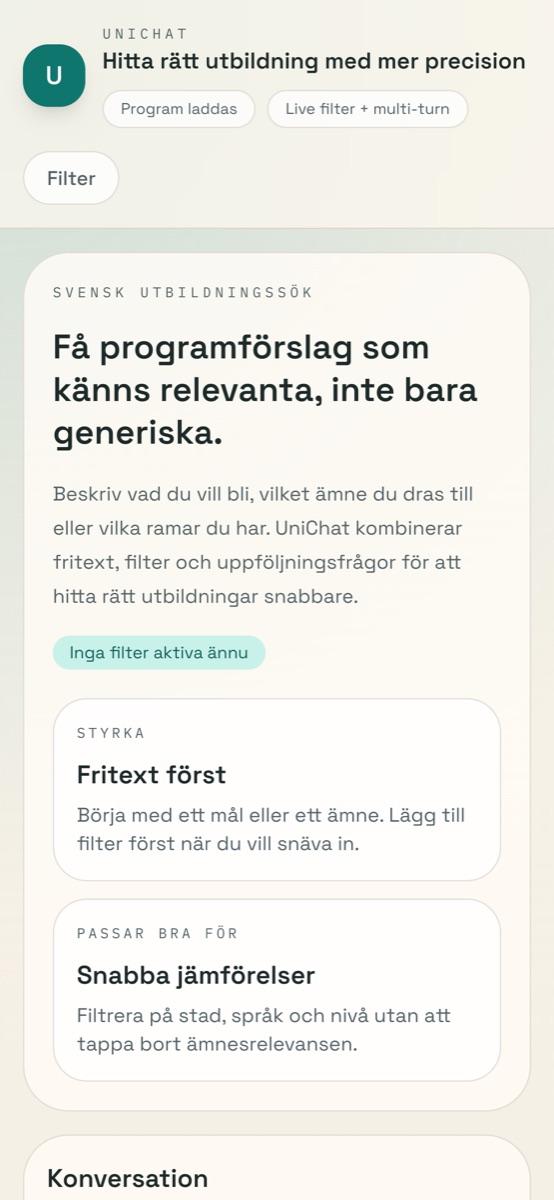 UniChat on a phone, with the introduction and filter button