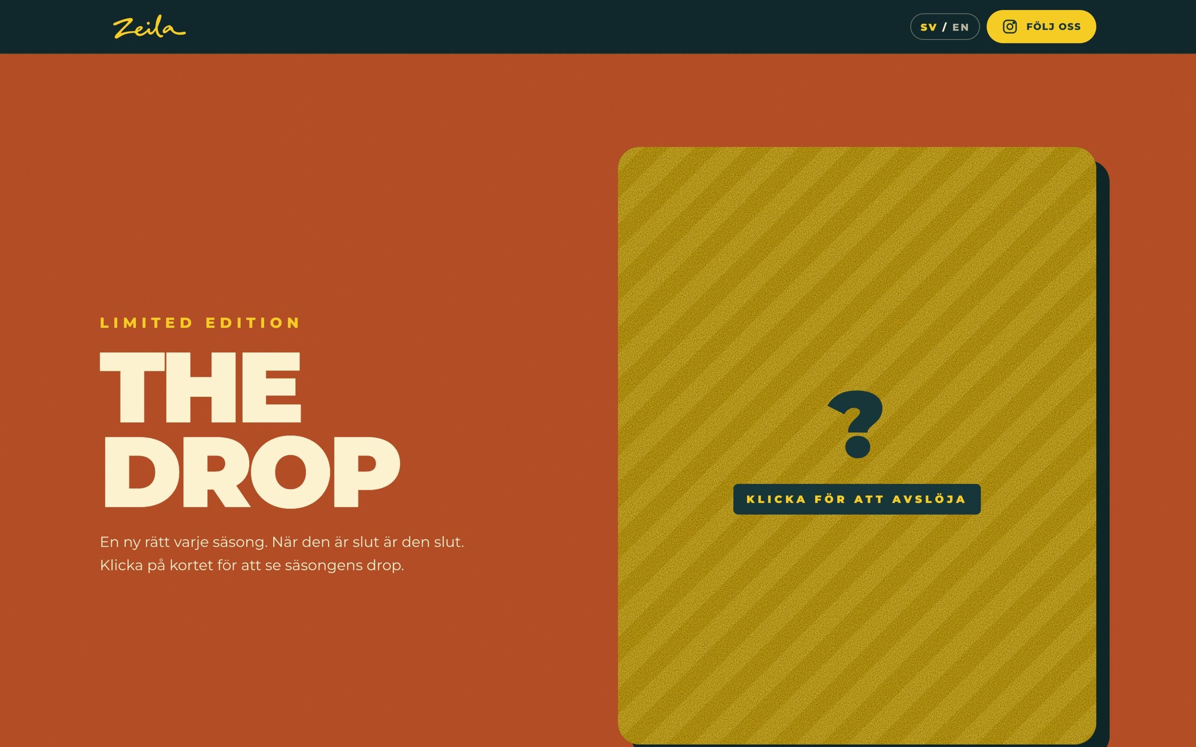 The Drop section in burnt orange with a card to click to reveal the seasonal dish
