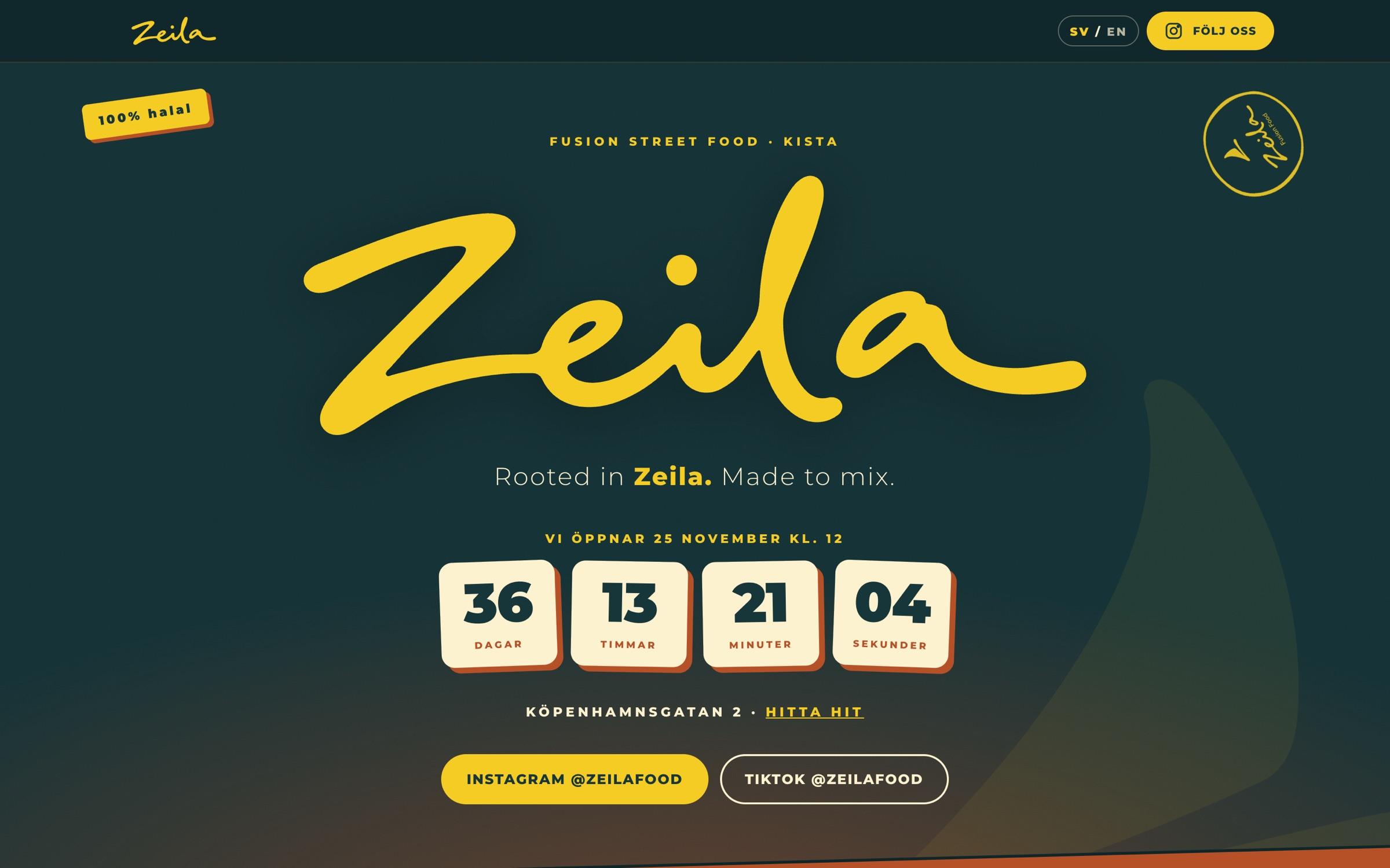 Zeila homepage with a large yellow script logo on dark teal and a countdown to the opening