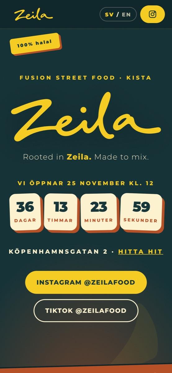 Zeila on a phone, showing the logo, countdown and social links