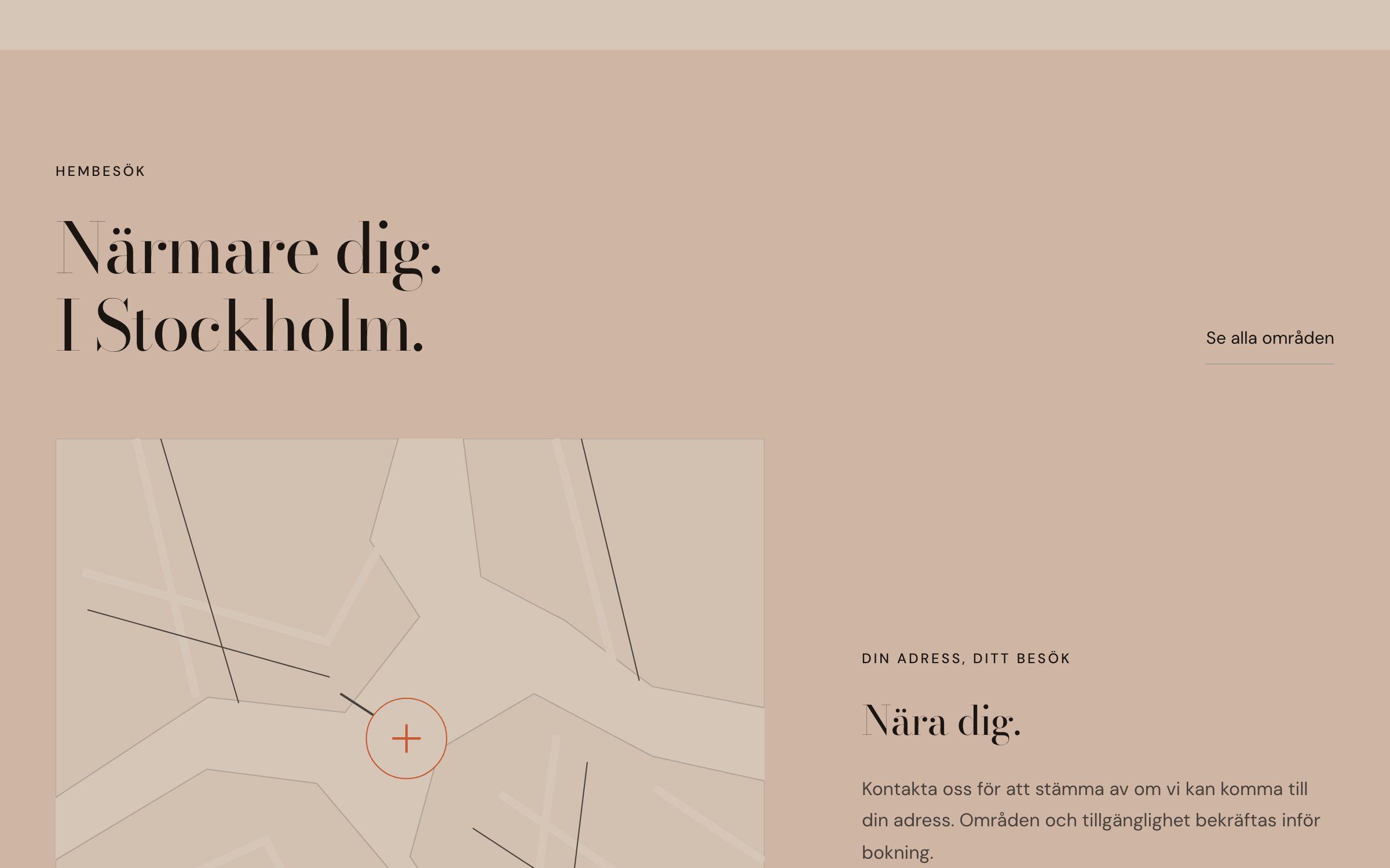 Home visits section with the heading Närmare dig. I Stockholm and a stylised map
