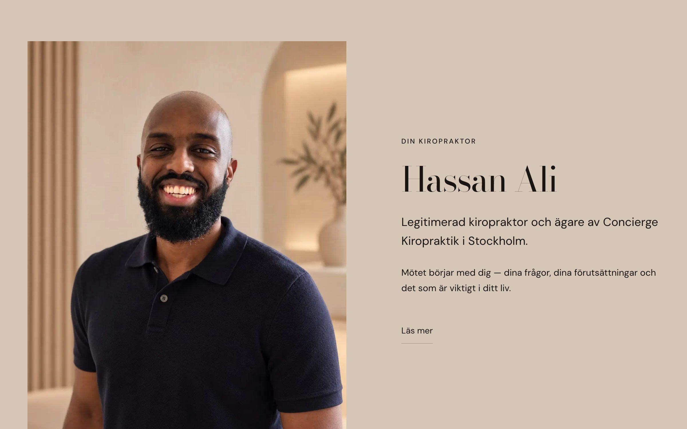 Portrait of the chiropractor Hassan Ali next to a short introduction