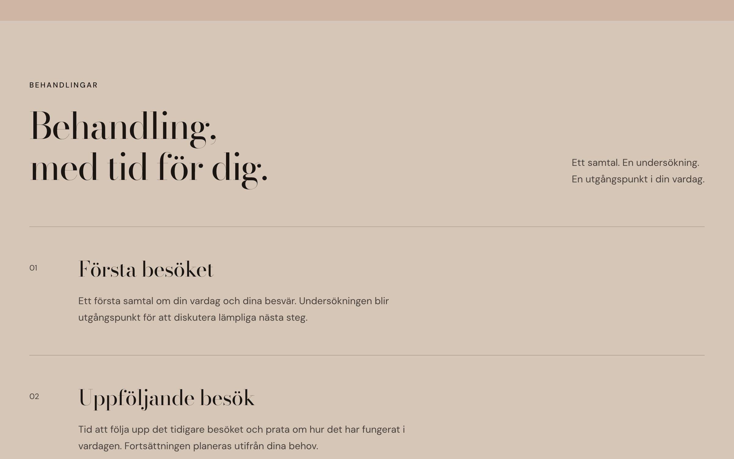 Treatments section with the heading Behandling, med tid för dig and the first and follow-up visits
