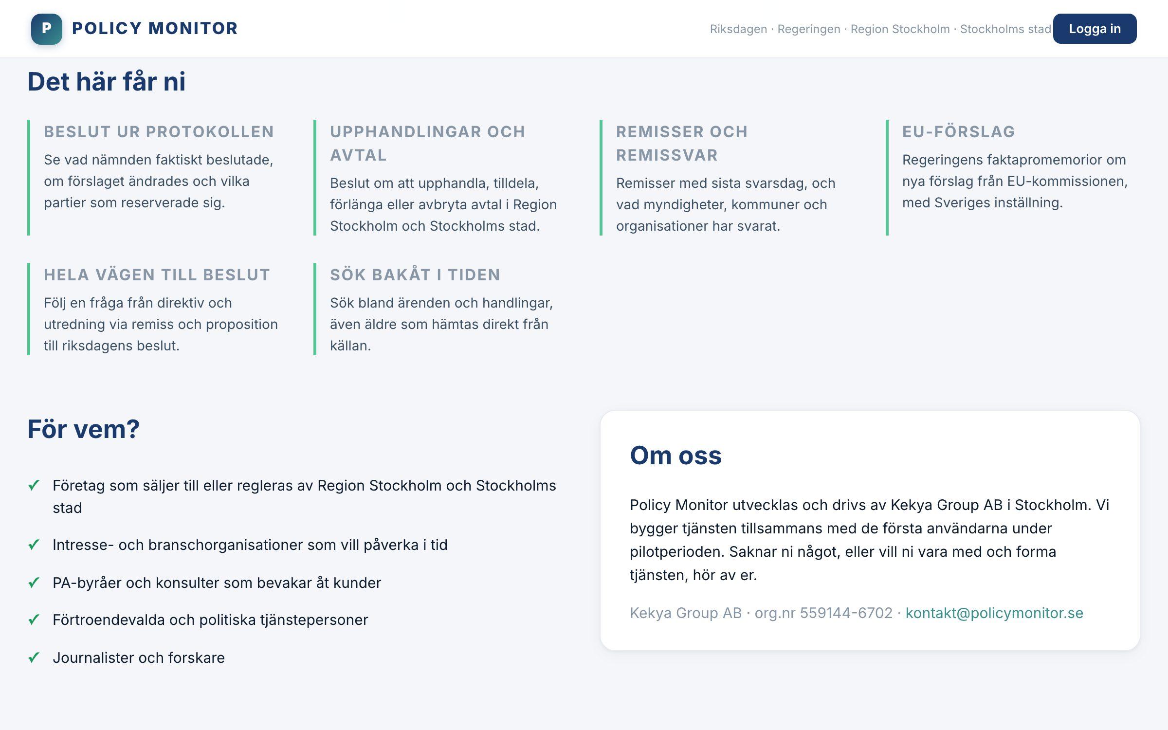 Feature overview: decisions from minutes, procurements, consultations, EU proposals, the full path to a decision and a searchable archive
