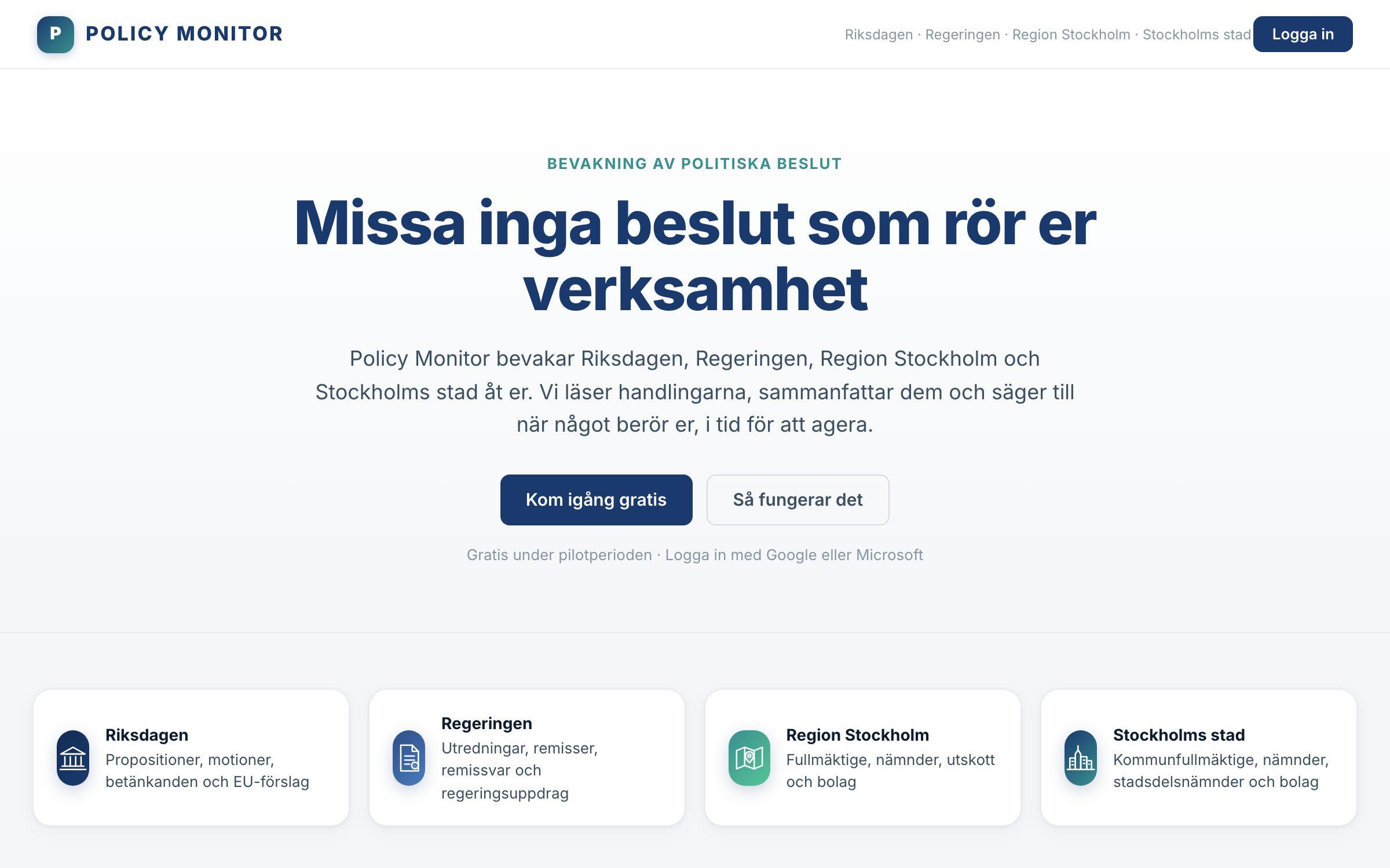 Policy Monitor homepage with the heading Missa inga beslut som rör er verksamhet above cards for the four sources it monitors