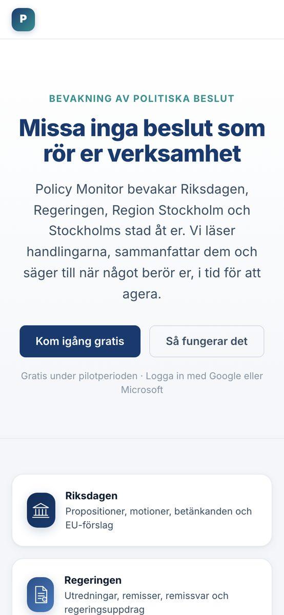 Policy Monitor on a phone, with the heading and the button to get started for free